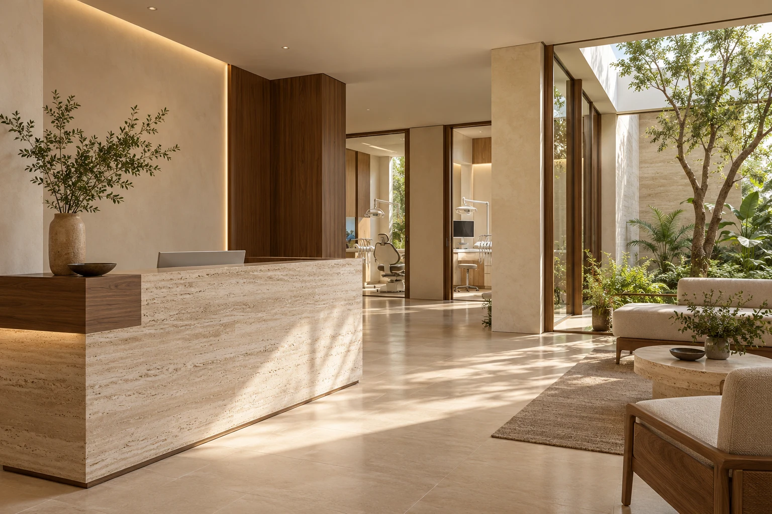 Khu vực đón tiếp ngập nắng với quầy đá và cây xanh tại phòng khám nha khoa Maison Dental