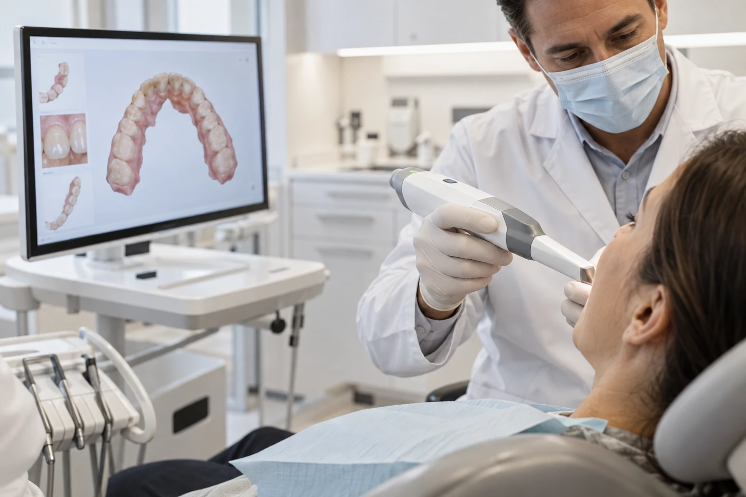Bác sĩ quét răng kỹ thuật số, hình ảnh cung răng hiển thị trên màn hình tại Maison Dental