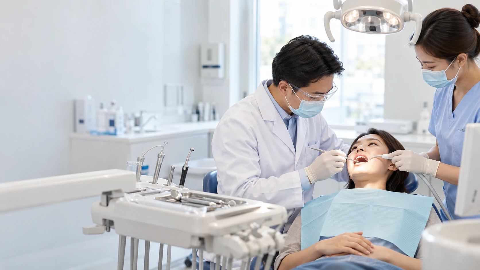 Bác sĩ và trợ thủ thực hiện điều trị nha khoa cho khách hàng tại Maison Dental