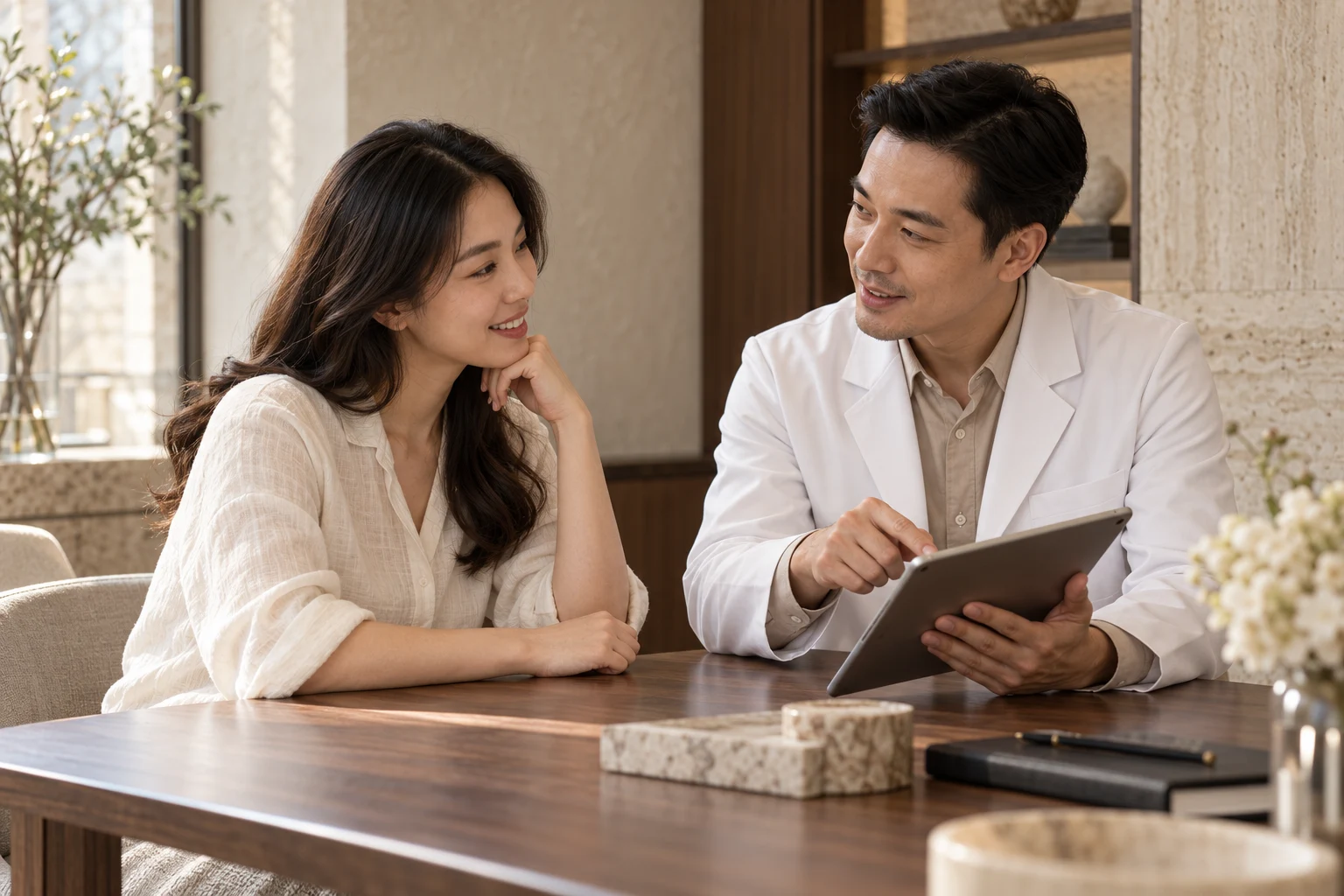 Bác sĩ trao đổi cùng khách hàng tại bàn tư vấn của Maison Dental