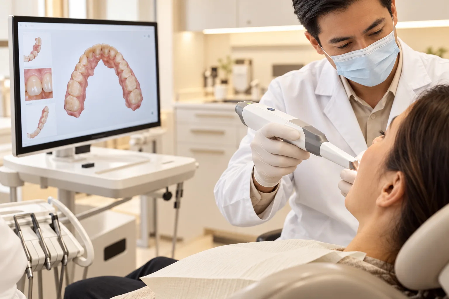 Bác sĩ nha khoa quét răng 3D trong miệng, hình cung răng hiển thị trên màn hình tại Maison Dental