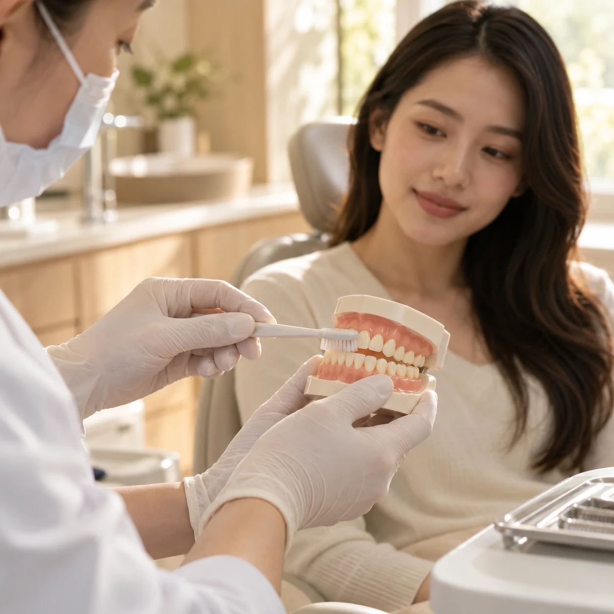Bác sĩ hướng dẫn cách chải răng trên mô hình hàm cho khách hàng tại phòng khám nha khoa Maison Dental