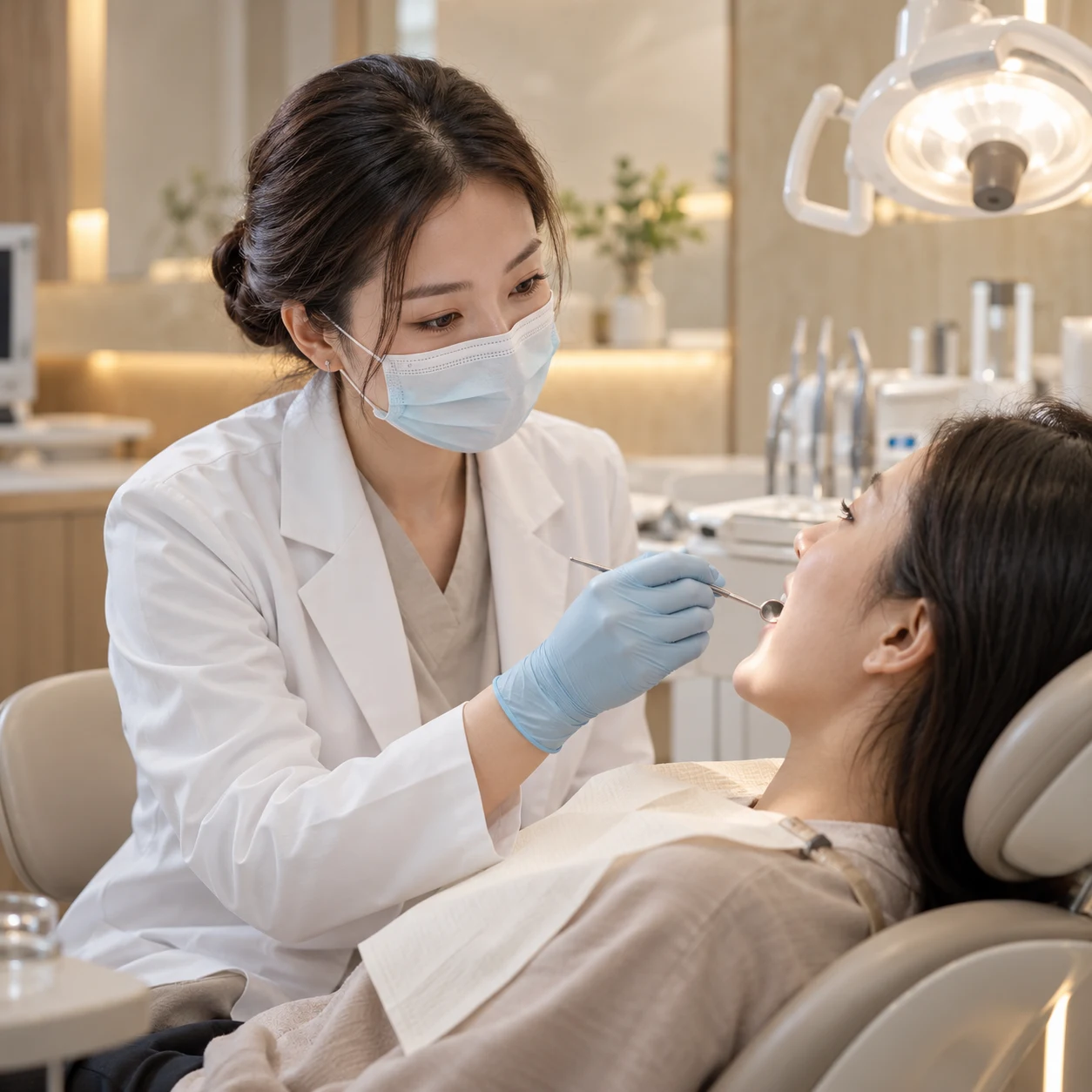 Bác sĩ thăm khám nha khoa tổng quát cho khách hàng tại phòng khám nha khoa Maison Dental