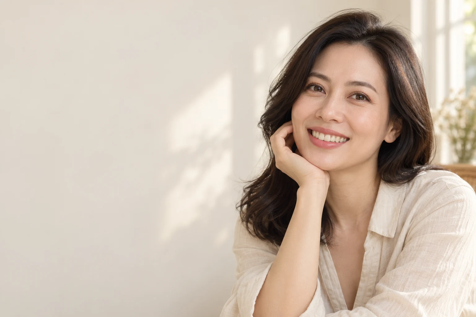 Người phụ nữ mỉm cười tự nhiên, an tâm khi chăm sóc sức khỏe răng miệng tại nha khoa Maison Dental