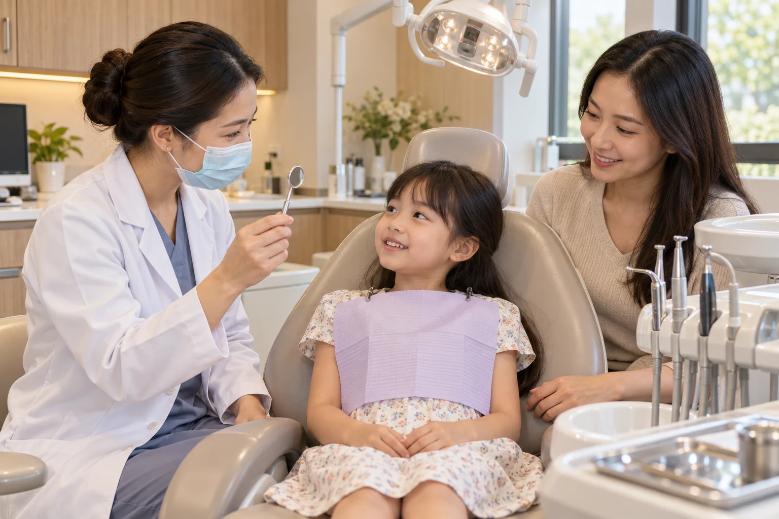 Bé gái ngồi ghế nha khoa vui vẻ nghe bác sĩ trò chuyện, mẹ ngồi bên cạnh tại Maison Dental