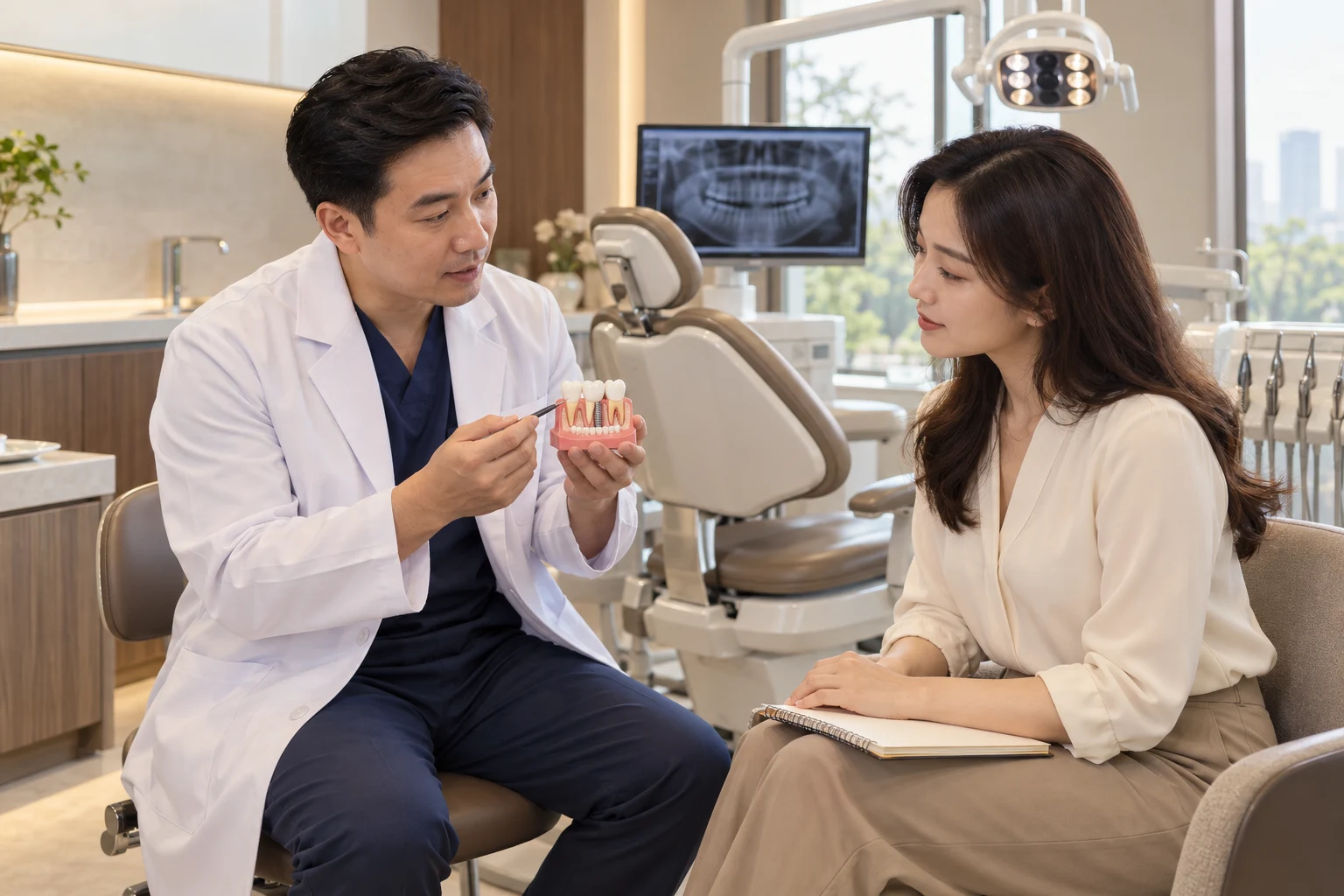 Bác sĩ trò chuyện, giải thích kế hoạch điều trị cho khách hàng bên ghế nha khoa tại Maison Dental