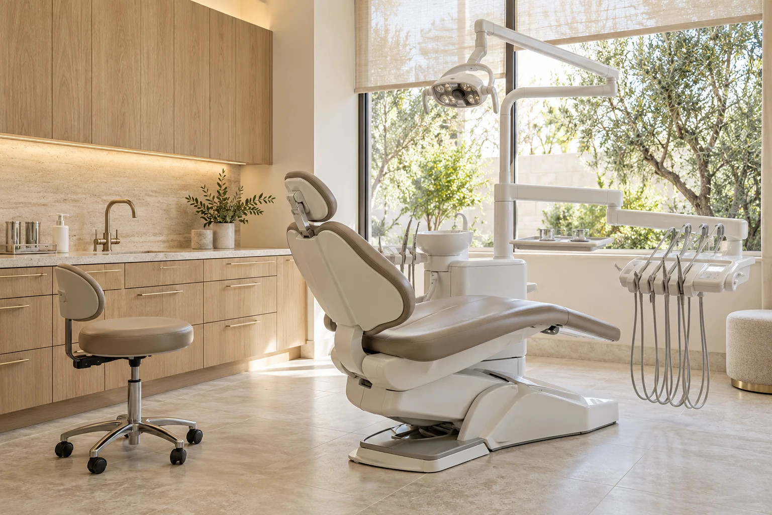 Phòng điều trị với ghế nha khoa và ánh sáng tự nhiên tại phòng khám nha khoa Maison Dental