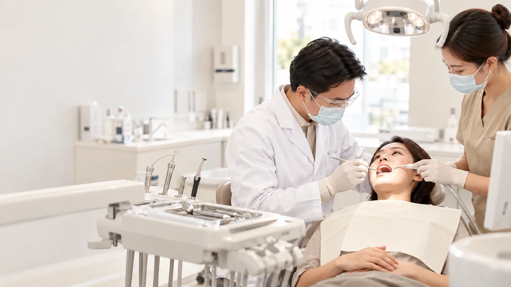 Bác sĩ và phụ tá chăm sóc người bệnh trong phòng điều trị sáng sủa tại Maison Dental (ảnh minh họa)
